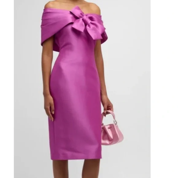 Badgley Mischka Off the Shoulder Bow Front Orchid Midi Dress Women’s 2 - Picture 2 of 13